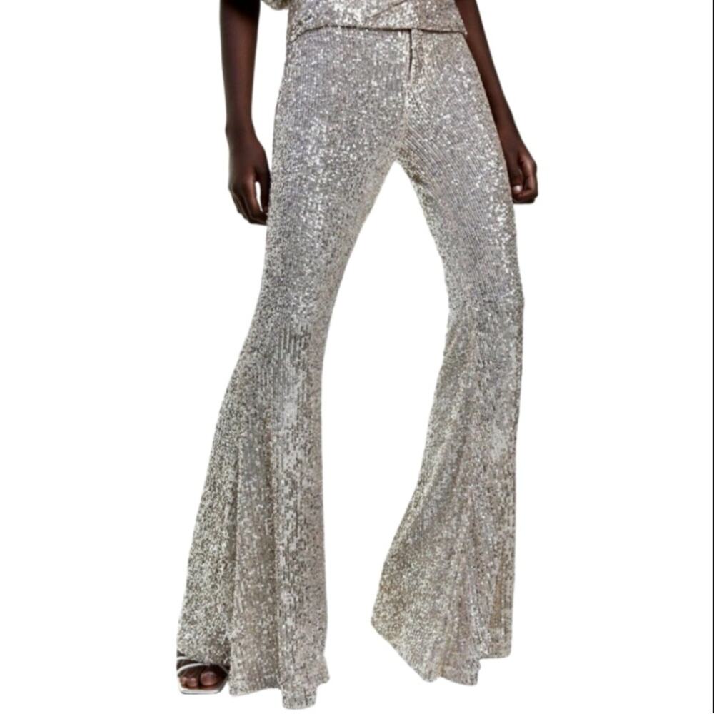 Zara Sequined Flared Trousers - Champagne Gold XL NWT